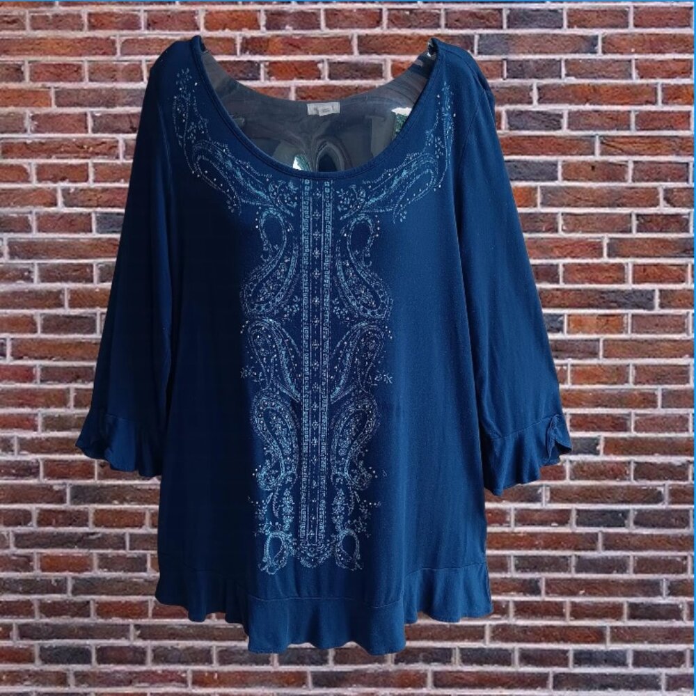 Westport Womens Top Blouse 3/4 Sleeves Rufled Beaded Front Blue Size L